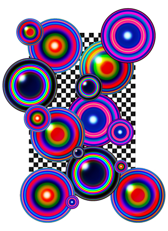 colorful rings and circles on a chessboardの写真素材