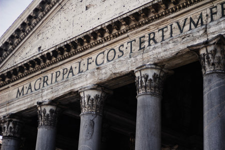 Exterior shot of the Pantheon facade in Rome, Italy. Translation: "Marcus Agrippa, son of Lucius, made [this building] when consul for the third time."の写真素材
