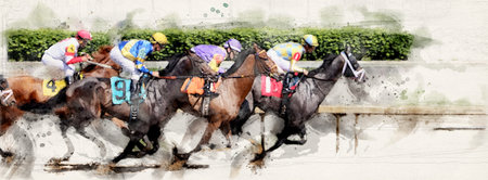 Digital Watercolor Of Four Racehorses Racing Down Dirt Track at Churchill Downs