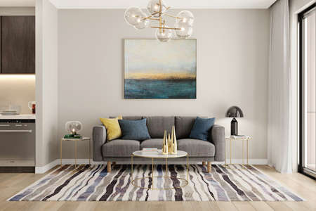 Open plan luxury living room with office table and panting , hanging lighting ,wooden flooring, apartmentの写真素材