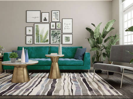 arm chair and design lamp in natural living room with plants and  paintings on  wall
