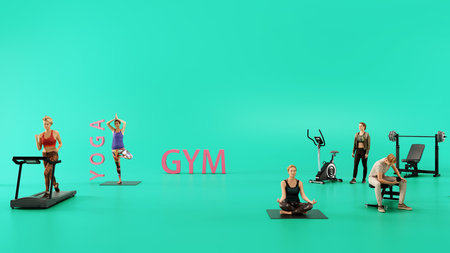 Gym and  yoga with 3d people model green background.の写真素材
