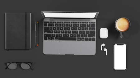 Office workspace with office supplies and coffee  phone book on black background 3d render model
