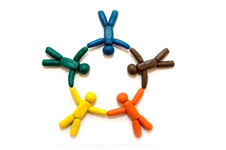 Multicolored clay people in circle isolated on white background