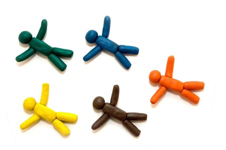 Multicolored clay people flying over the white backgroundの写真素材