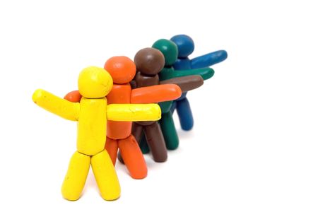 Multicolored clay people trying to catch a taxiの写真素材