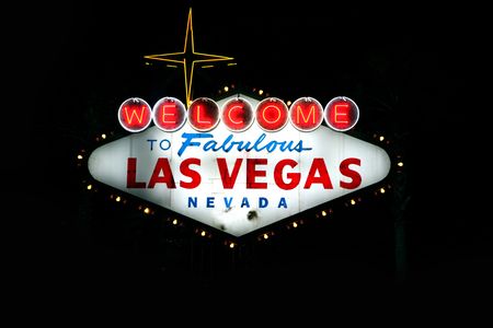 Lighted sign reading Welcome to Fabulous Las Vegas Nevada at duskの写真素材