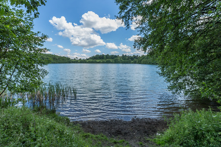 Lake side on the shore with trees and ripples waves on the water. Maar vulcan in Germanyの写真素材