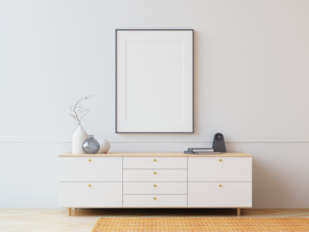 Blank picture frame on white wall. Luxury home interior 

design. Decorative items on the white cabinet - 3D renderの写真素材