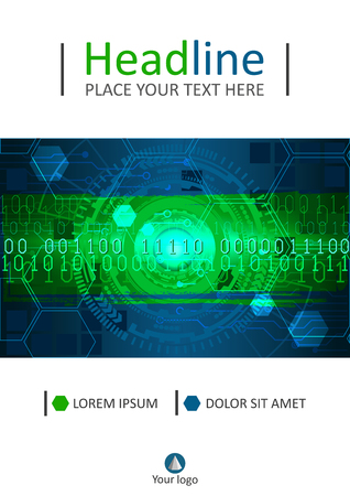 Cover design A4. Journals, portfolio, monographs and magazines. Vector. Futuristic circles with internet and business interface background with numbers. Infographic data. Head-Up Display, HUD.のイラスト素材