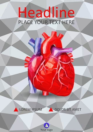 Human heart in low poly on A4 cover design template. Good for medical, scientific prints, journals, banners, magazines, conferences. Vector. White 3d geometric texture background.のイラスト素材