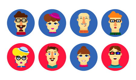 Flat human faces. Man and woman. Cartoon male and female avatar. People icon set. Human characters with glasses, mustache, hat. A happy smile. Bright, joyful emotions. Vector.のイラスト素材