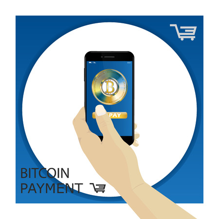 Bitcoin payment by smartphone. Hand holding phone. Vector. Shopping cart. のイラスト素材