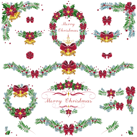 Christmas and New Year pine branches ornaments, frames, wreath set with  red bows, ribbons, bells, berries, poinsettia. Vector.のイラスト素材