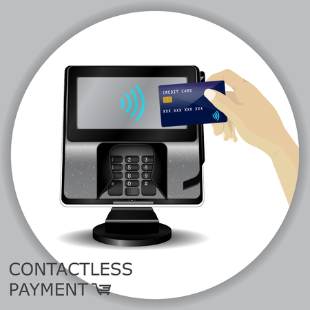 Contactless payment transaction terminal with display and pinpad. Wireless payment. POS terminal, MSR, EMV, NFC, hand holding credit card.のイラスト素材