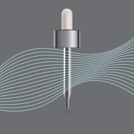 Realistic glass dropper. 3D illustration transparent isolated pipette. Nasal, medical, eyedropper. Cosmetic pipet. Vector.のイラスト素材