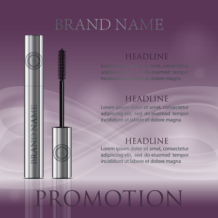 A mascara tube and a wand applicator. Cosmetic silver bottle with eyelash brush. Purple wavy background. Good for booklets, brochures, leaflets or banner. 3d realistic vector.のイラスト素材