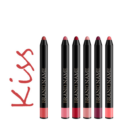 Cosmetic make-up eye liner set pencils vector isolated on white background. Collection of lip-liner pens for contour in glamour luxury vogue style. Color smear samples kiss pencil stroke.のイラスト素材