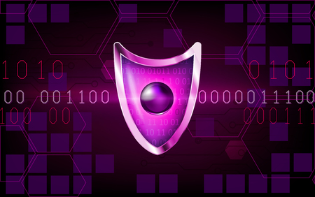 Cyber security antivirus concept with purple shield, futuristic lines, cubes and numbers.のイラスト素材