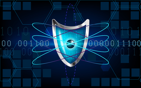Cyber security antivirus concept with blue shield, futuristic lines, atom, cubes, electrons and numbers.のイラスト素材
