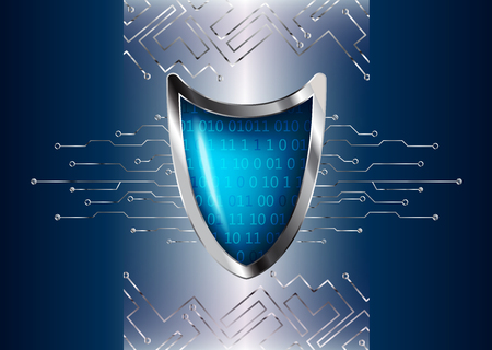 Cyber security antivirus concept with silver blue shield, futuristic lines and numbers.のイラスト素材