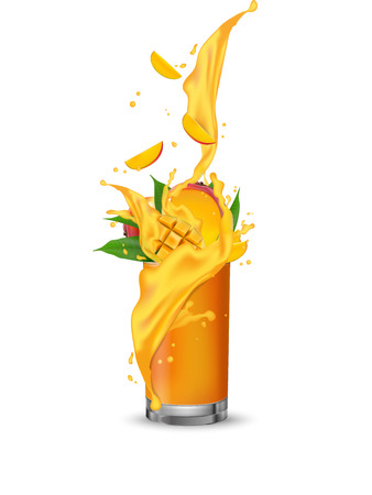 Orange mango multi yellow fruit cocktail. Mango slices falling into the glass cup isolated on white. Vector.のイラスト素材