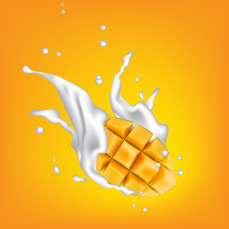 Milk splashing crown on yellow background with juicy yellow fruit cubes. Yogurt splash with yellow fruit cut. Vector illustration.のイラスト素材