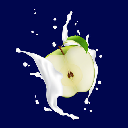 Green Sliced In Half Apple with Milk Yogurt Splash.のイラスト素材