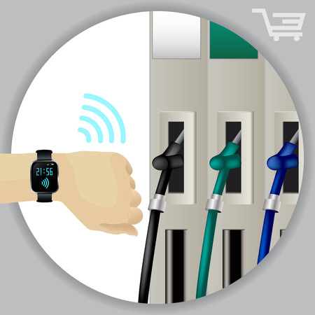 Fuel Dispenser And Fuel Nozzles At A Filling Station To Pump Petrol, Gas, Diesel. Contactless Wireless Smartwatch Payment. Watch Pay For Fuel Concept. Petrol Pumps. Vectorのイラスト素材