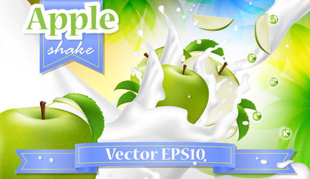 Apple milk vector realistic banner. Promo poster for advertising. 3d concept template for dairy product. Apple slices falling into the milk yogurt splash.のイラスト素材