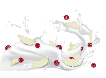 Yogurt milk with red berries and apple slices. Flowing 3d milk splash design element isolated on white background. Vector EPS10.のイラスト素材