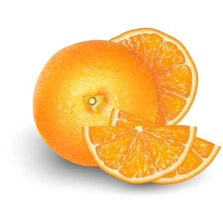 Orange fruit for fresh juice. 3d realistic  orange ripe citrus isolated on white background for packaging or web design. Vector EPS 10.のイラスト素材