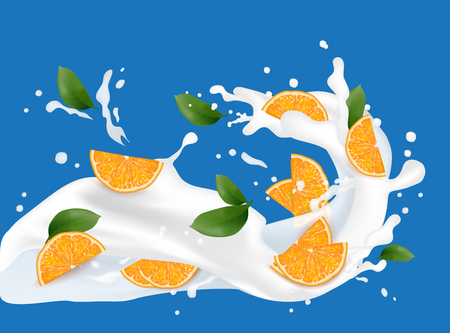 Juice milk yogurt orange slices splashing. Orange leaf. Juicy orange splash packaging template. Falling slices. Vector.のイラスト素材