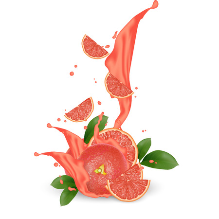 Grapefruit splash illustration. Splashing juice. Cocktail falling pink slices isolated on background. Advertisement banner. Product design. Vector EPS 10.のイラスト素材
