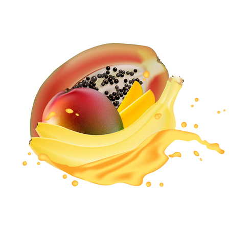 Papaya, banana, mango juice splash realistic 3d vector illustration.のイラスト素材
