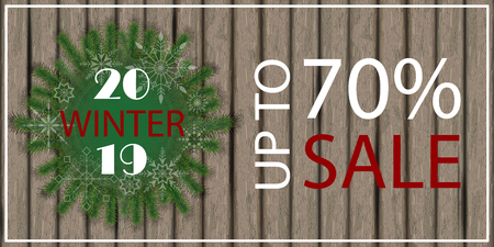 Christmas background, sale poster on  wooden board. 2019 big winter sale. Place for text. Vector illustration.のイラスト素材