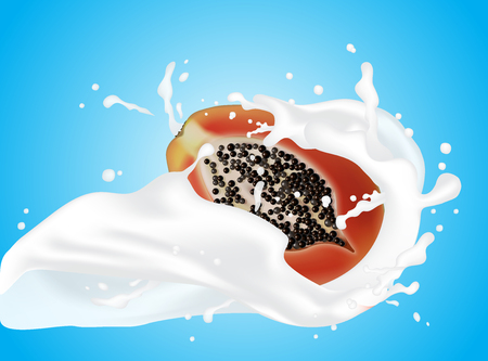Milk splash 3d illustration with falling slices of papaya fruit. Cream pouring wave yogurt packaging template. Realistic organic fruit dairy product.のイラスト素材