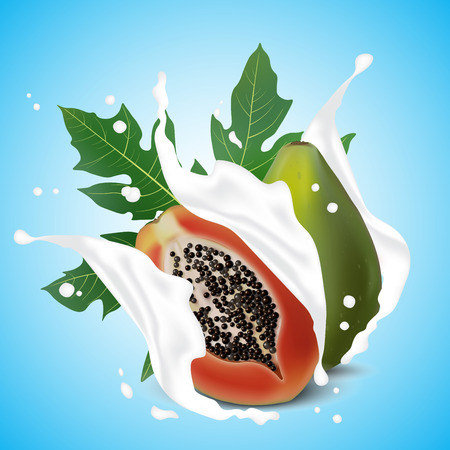 Milk splash 3d illustration with falling slices of papaya fruit, leaf. Cream pouring wave yogurt packaging template. Realistic organic fruit dairy product. Leaves.のイラスト素材