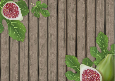 Fig leaves on wooden cutting board. Figs leaf. Banner design elements. Vector illustration.のイラスト素材