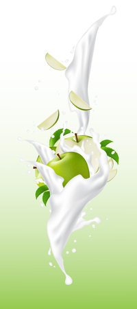 Green falling slices of apple in yogurt flow with milk splash. Realistic vector illustration design.のイラスト素材