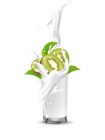 Kiwi fruit cocktail. Splash milk swirl in the realistic glass. 3d Realistic Vectorのイラスト素材