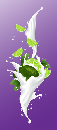 Lime milk juice splash. Bright lime splashing yogurt design elements. Falling lime slices with leaves. Vector Illustration.のイラスト素材