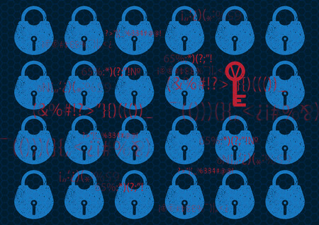 Abstract Technology background global network security lock. System privacy in blue with lock and...