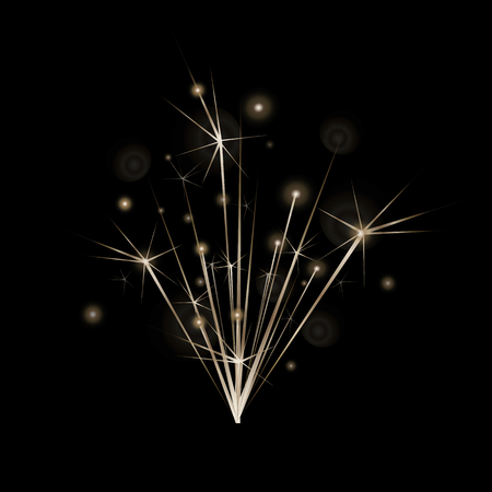 Christmas decoration. Celebration. Realistic sparkler lights isolated on black. Bright fireworks. Glittering stream of golden sparkles. Vector illustration  design element.のイラスト素材