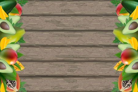 Ripe Green Avocado, Mango, Papaya on a dark rustic  wood background. Leaf. Wooden board. Vector illustration.のイラスト素材