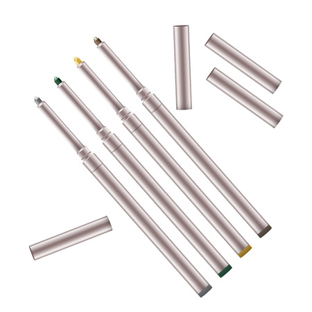 Eyeliner 3d template pencil. Make up realistic pen. Liner. Crayon. Cosmetic Makeup Metal Eyeliner Pencils. Vector Illustration.のイラスト素材