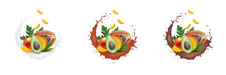 Ad 3d promotion banner, Realistic mango, avocado, papaya with falling slices. Ice cream, yogurt, juice brand advertising. Label poster template. Splash design.のイラスト素材