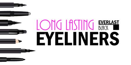 Beautiful Eyeliner Pen Set Poster for the promotion of cosmetic premium product. Cosmetic ads banner for packaging  with graphic elements. Design of New Product. 3d Vector Illustrationのイラスト素材