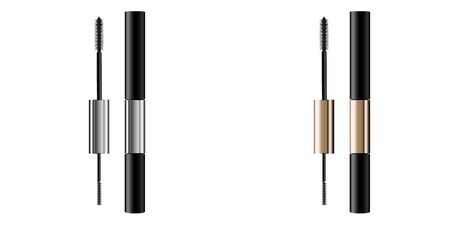 A mascara tube and   wand applicator. Cosmetic bottle with eyelash brush. Isolated on white background. Grunge swatch, black wavy brush stroke hand drawn. 3d realistic vector illustration.のイラスト素材