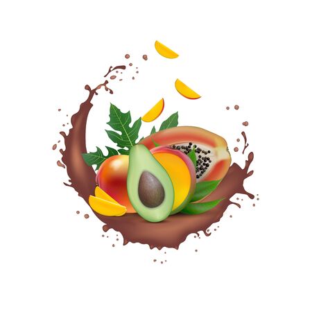 Ad 3d promotion banner, Realistic mango, avocado, papaya with falling slices. Ice cream, yogurt, juice brand advertising. Label poster template. Splash design.のイラスト素材